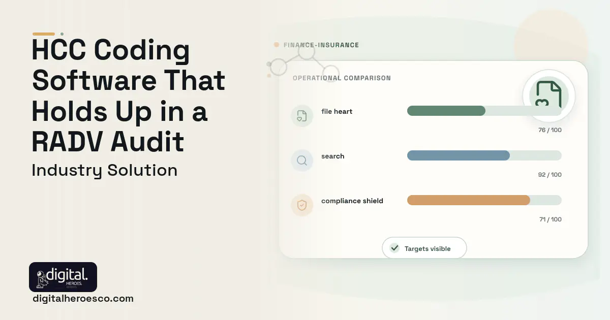 Risk Adjustment Coding software visual showing file heart, search, and compliance shield.