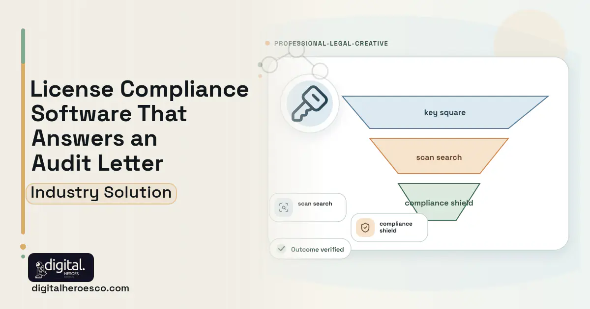 Software Asset Management software visual showing key square, scan search, and compliance shield.