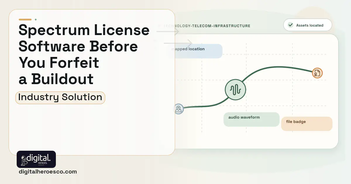 Spectrum License Management software visual showing audio waveform, mapped location, and file badge.