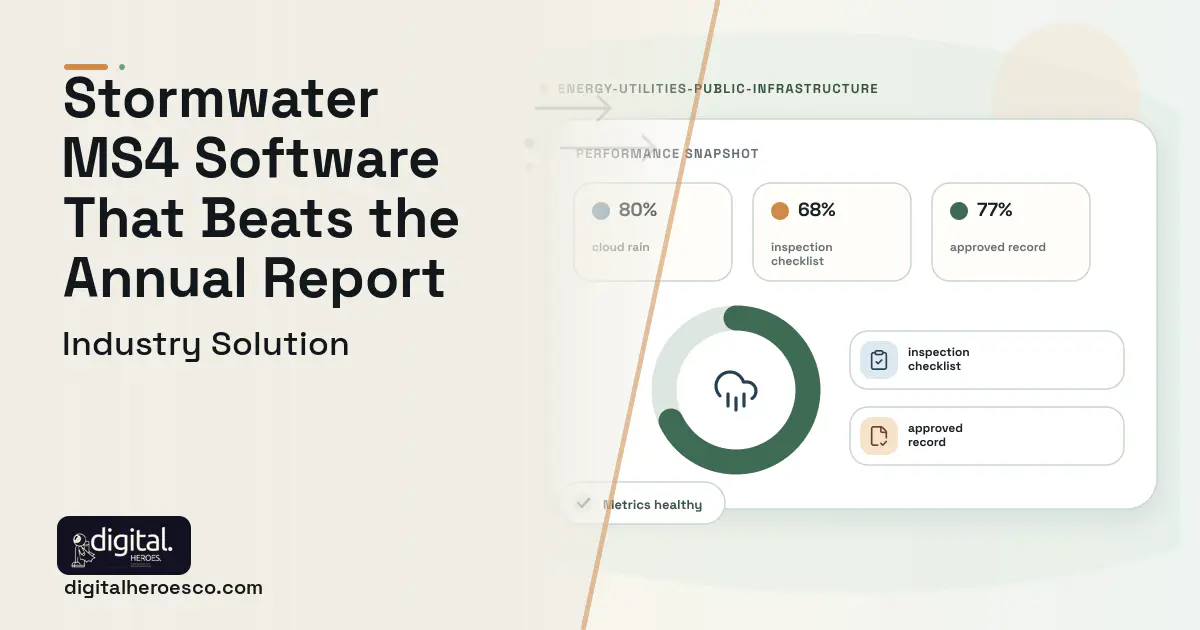 Stormwater Compliance software visual showing cloud rain, inspection checklist, and approved record.