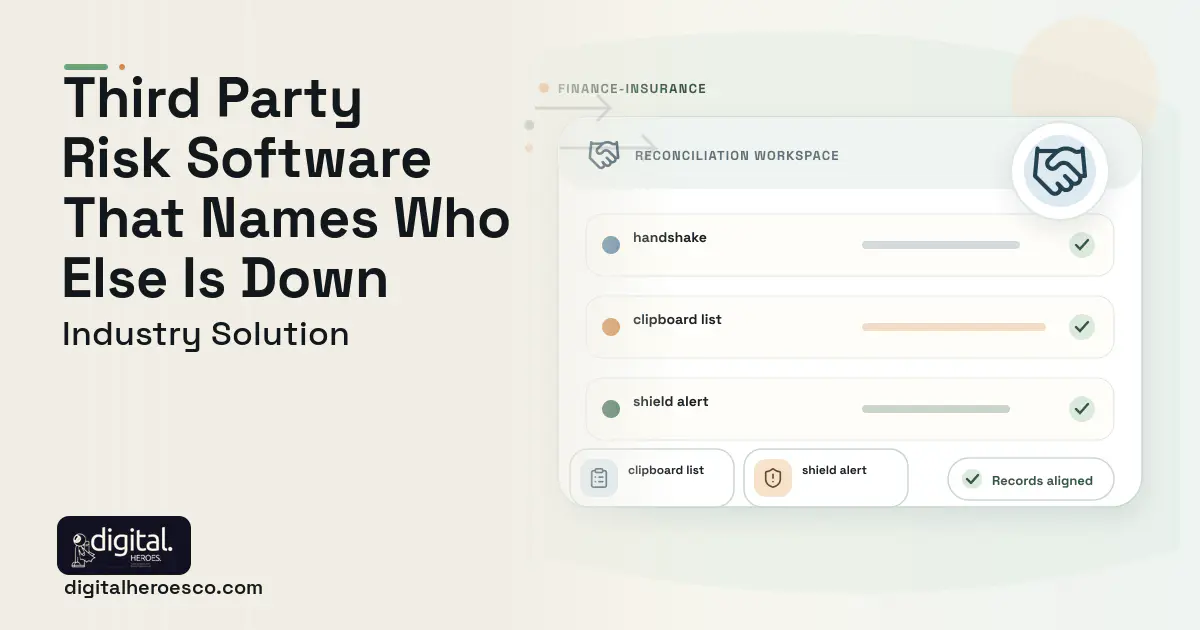 Third Party Risk Management software visual showing handshake, clipboard list, and shield alert.
