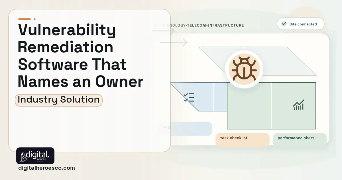 Vulnerability Remediation Management software visual showing bug, task checklist, and performance chart.