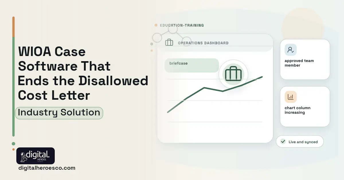 Workforce Development Board Case Management software visual showing briefcase and approved team member.