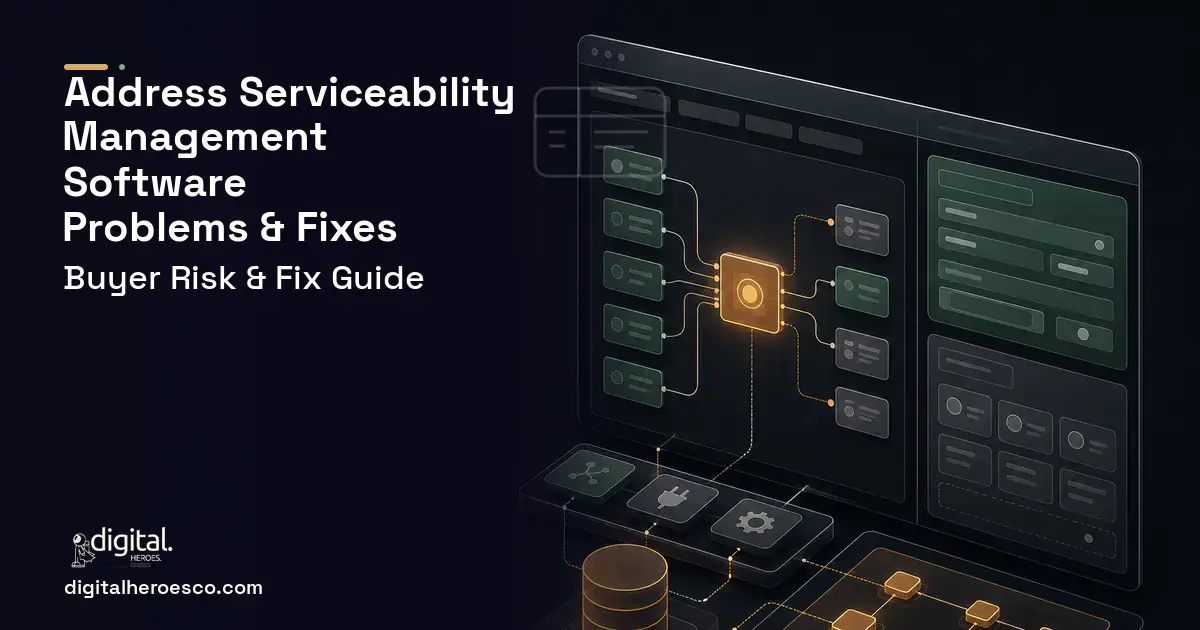 Address Serviceability Management Software product interface illustration showing common problems and fixes.