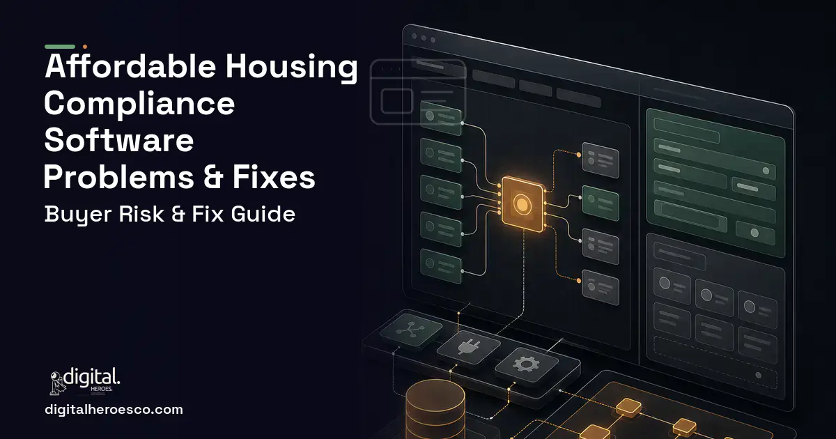 Affordable Housing Compliance Software product interface illustration showing common problems and fixes.