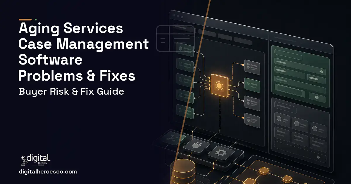 Aging Services Case Management Software product interface illustration showing common problems and fixes.