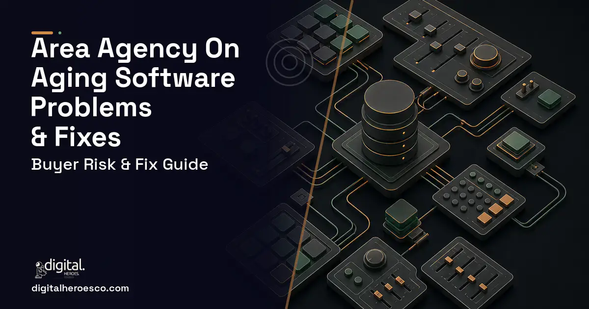 Area Agency ON Aging Software software overview illustration showing common problems and fixes.