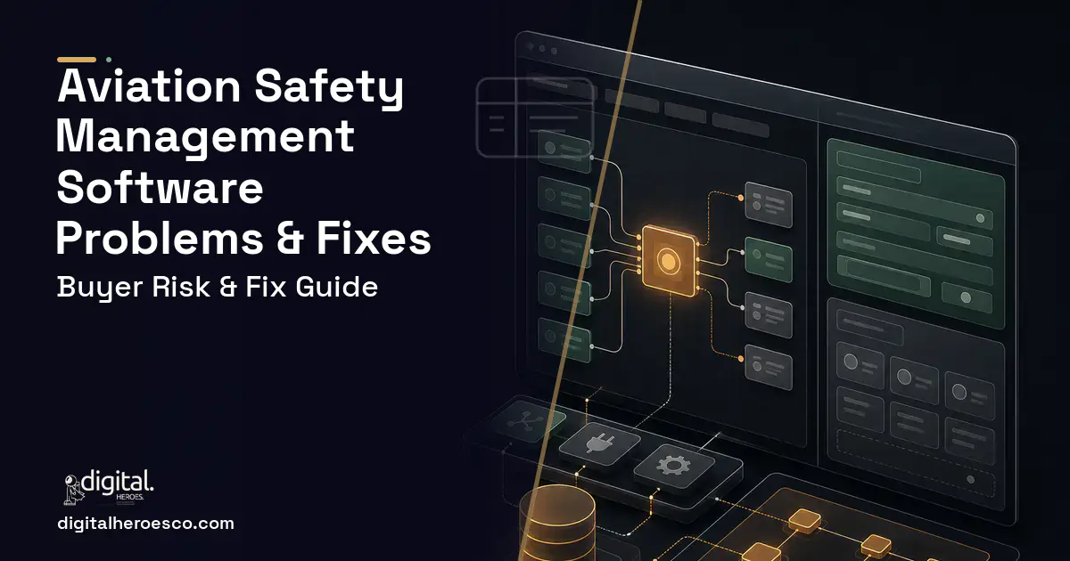 Aviation Safety Management Software product interface illustration showing common problems and fixes.