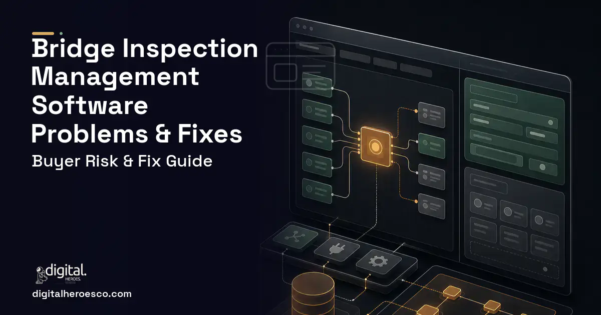 Bridge Inspection Management Software product interface illustration showing common problems and fixes.