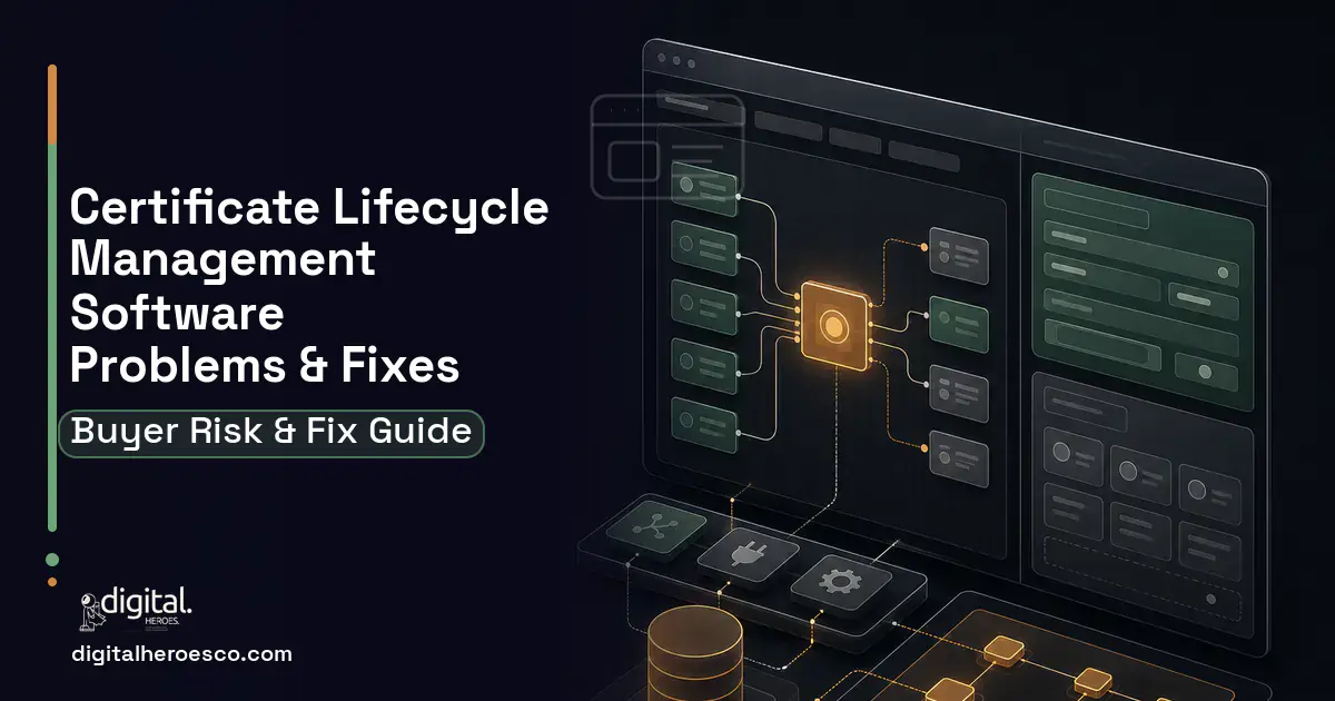Certificate Lifecycle Management Software product interface illustration showing common problems and fixes.