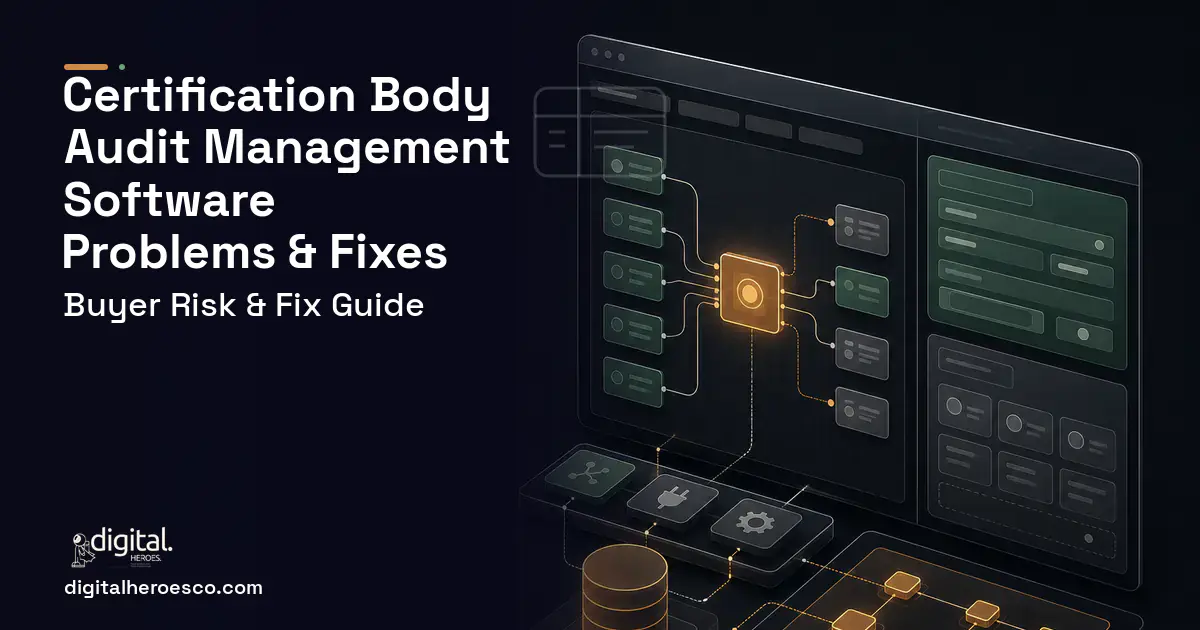 Certification Body Audit Management Software product interface illustration showing common problems and fixes.
