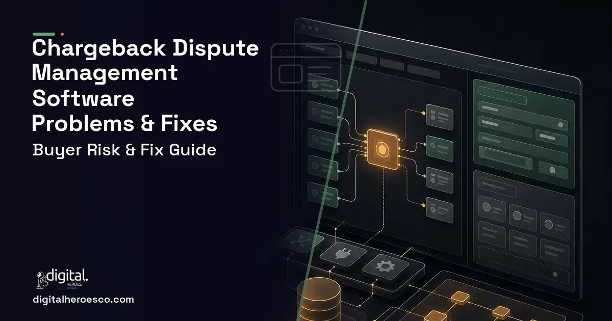 Chargeback Dispute Management Software product interface illustration showing common problems and fixes.