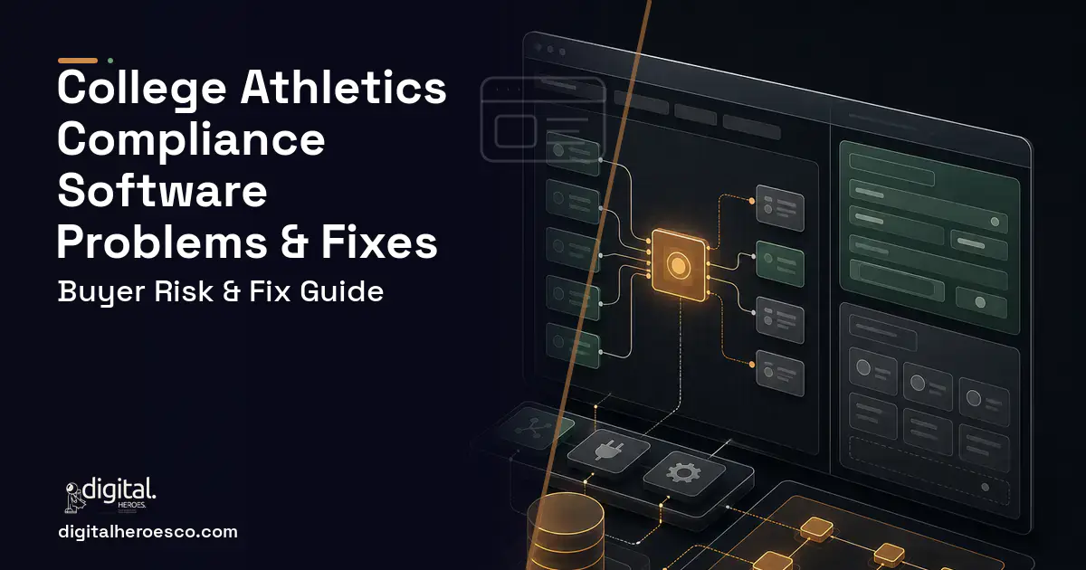 College Athletics Compliance Software product interface illustration showing common problems and fixes.