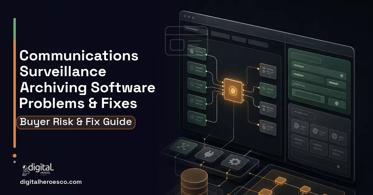 Communications Surveillance Archiving Software product interface illustration showing common problems and fixes.