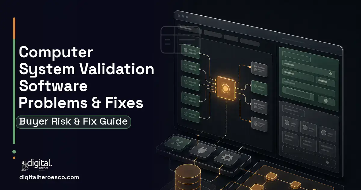 Computer System Validation Software product interface illustration showing common problems and fixes.