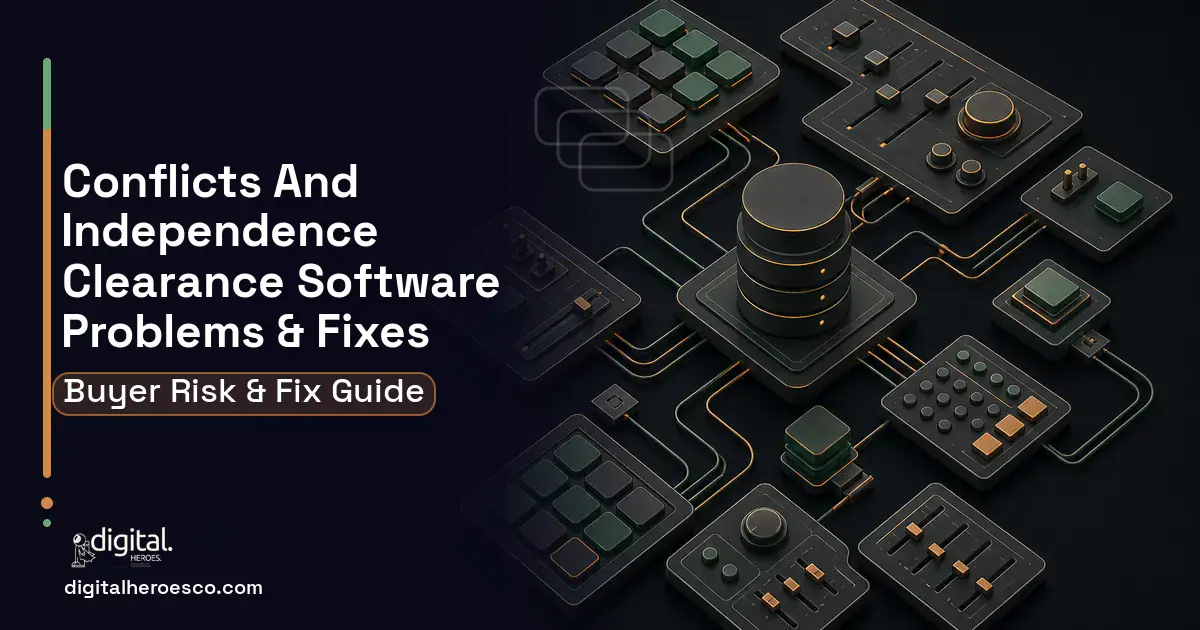 Conflicts AND Independence Clearance Software software overview illustration showing common problems and fixes.