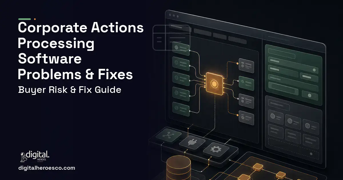 Corporate Actions Processing Software product interface illustration showing common problems and fixes.