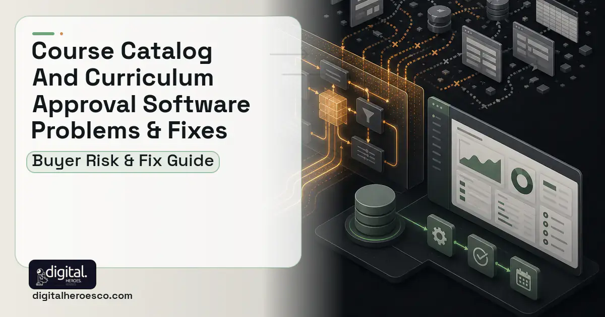 Course Catalog AND Curriculum Approval Software workflow illustration showing common problems and fixes.