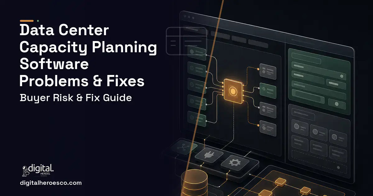 Data Center Capacity Planning Software product interface illustration showing common problems and fixes.