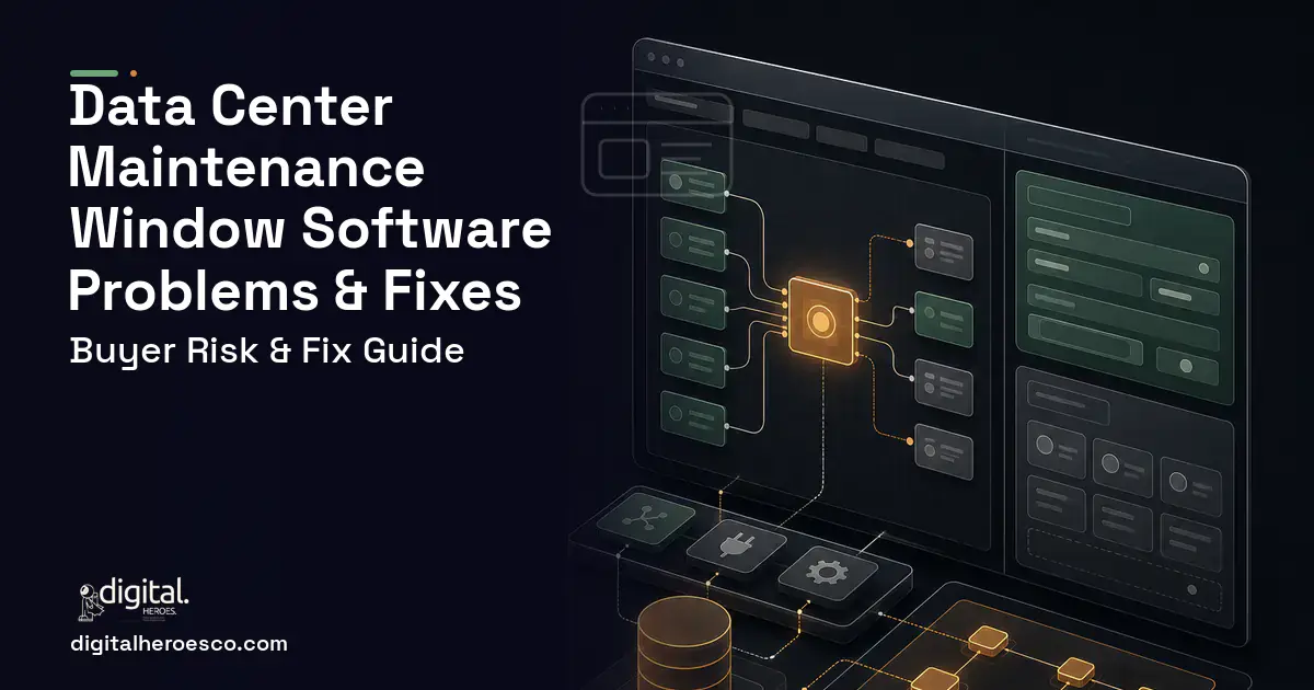 Data Center Maintenance Window Software product interface illustration showing common problems and fixes.