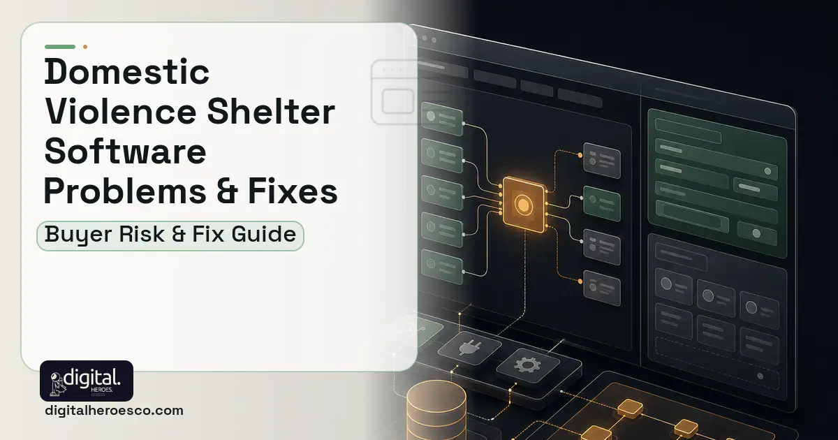 Domestic Violence Shelter Software product interface illustration showing common problems and fixes.