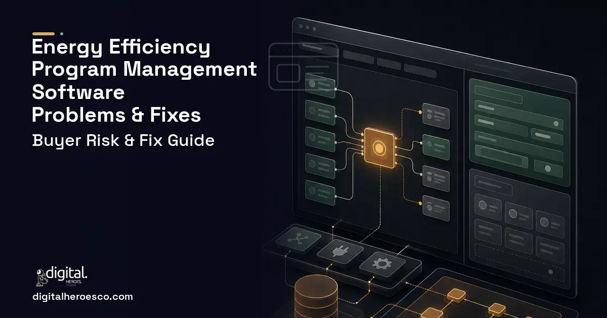 Energy Efficiency Program Management Software product interface illustration showing common problems and fixes.
