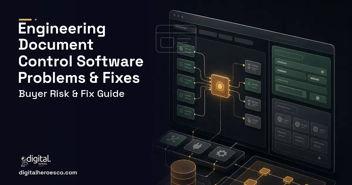 Engineering Document Control Software product interface illustration showing common problems and fixes.