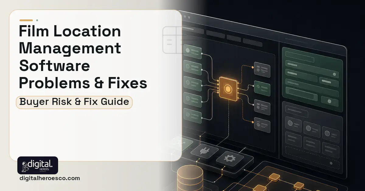 Film Location Management Software product interface illustration showing common problems and fixes.