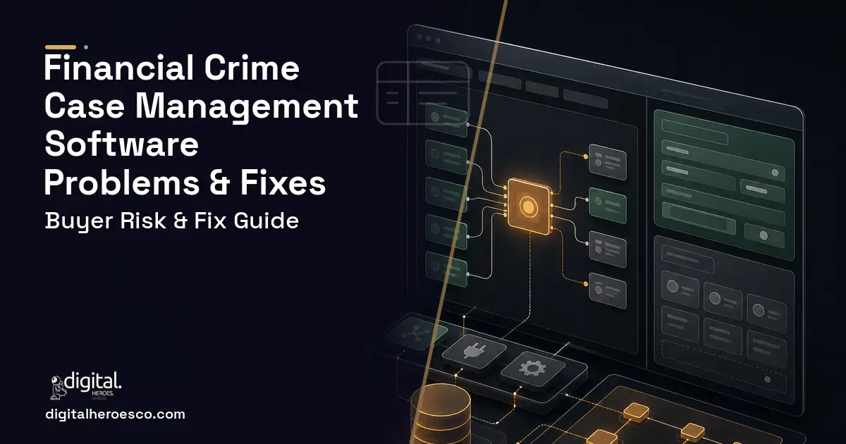 Financial Crime Case Management Software product interface illustration showing common problems and fixes.