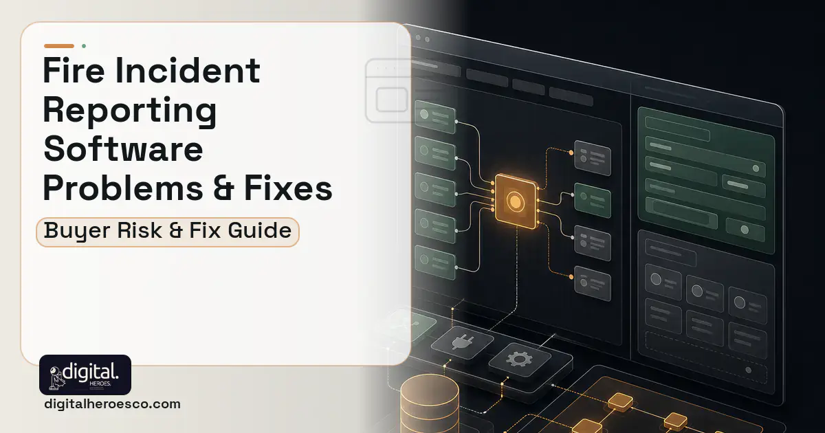 Fire Incident Reporting Software product interface illustration showing common problems and fixes.