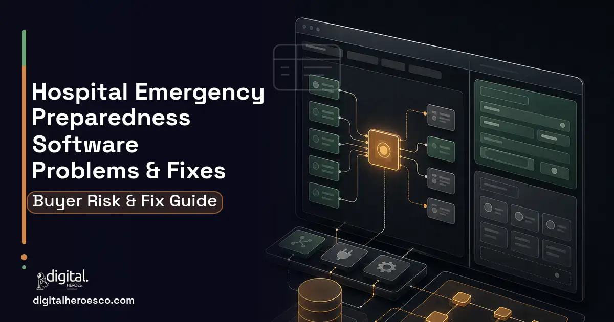 Hospital Emergency Preparedness Software product interface illustration showing common problems and fixes.