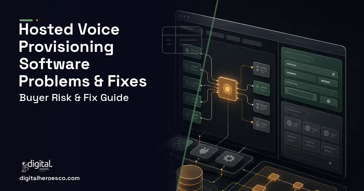 Hosted Voice Provisioning Software product interface illustration showing common problems and fixes.