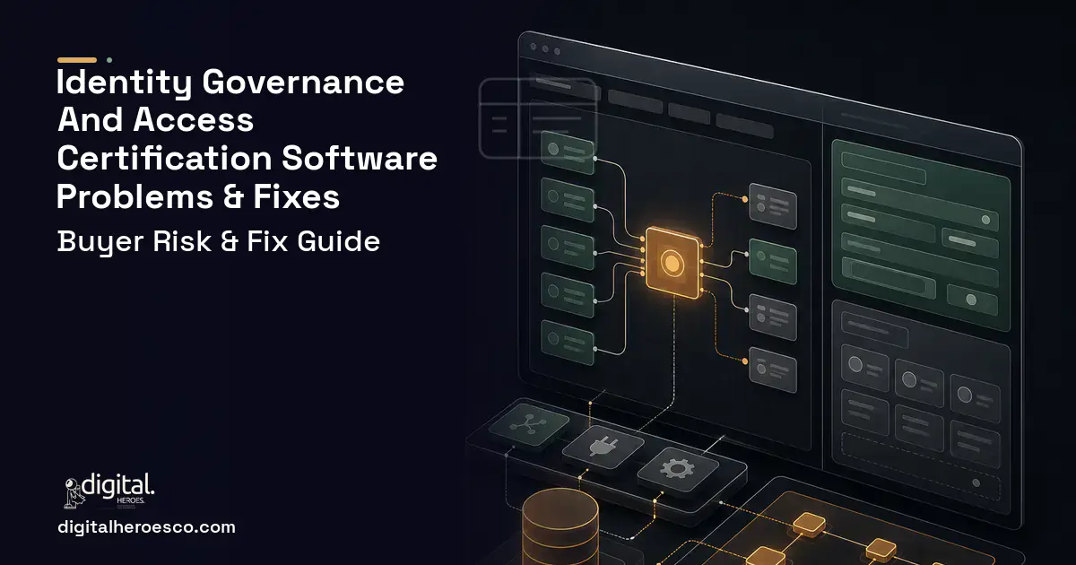 Identity Governance AND Access Certification Software product interface illustration showing common problems and fixes.