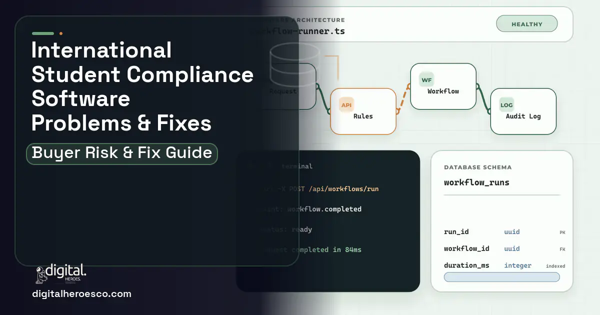 International Student Compliance Software architecture and database illustration showing common problems and fixes.
