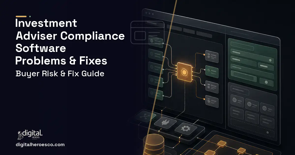 Investment Adviser Compliance Software product interface illustration showing common problems and fixes.
