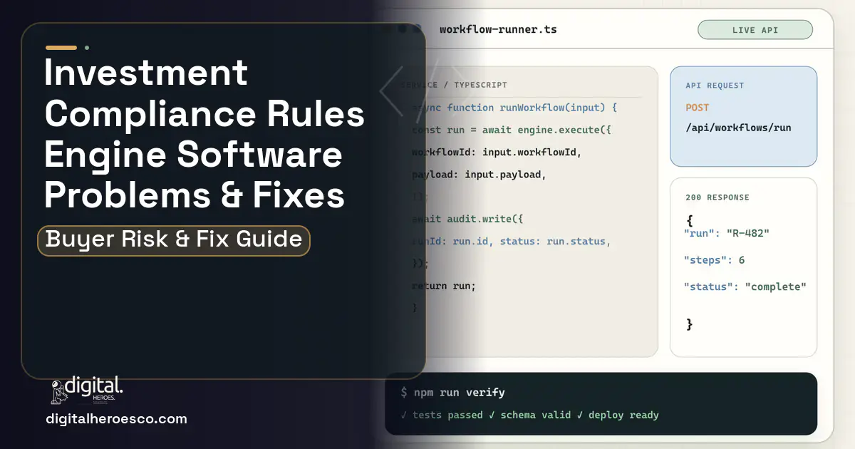 Investment Compliance Rules Engine Software code editor and API illustration showing common problems and fixes.