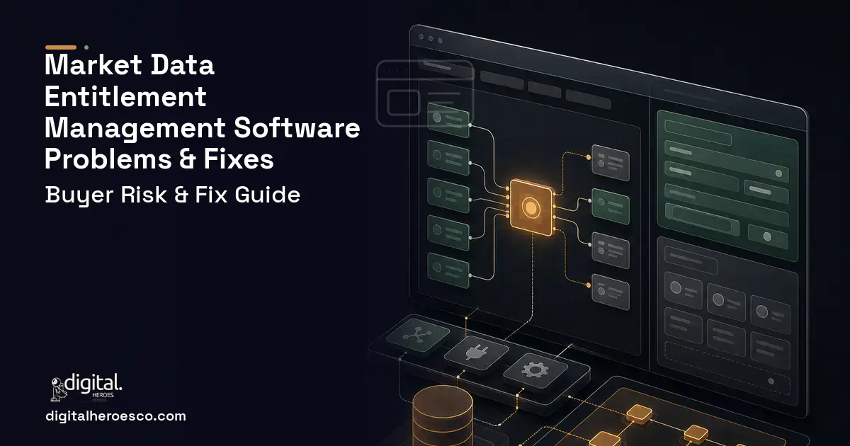 Market Data Entitlement Management Software product interface illustration showing common problems and fixes.