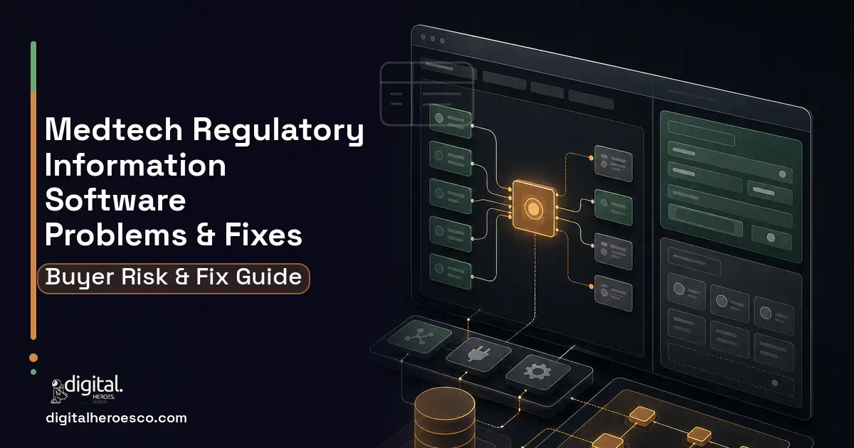 Medtech Regulatory Information Software product interface illustration showing common problems and fixes.