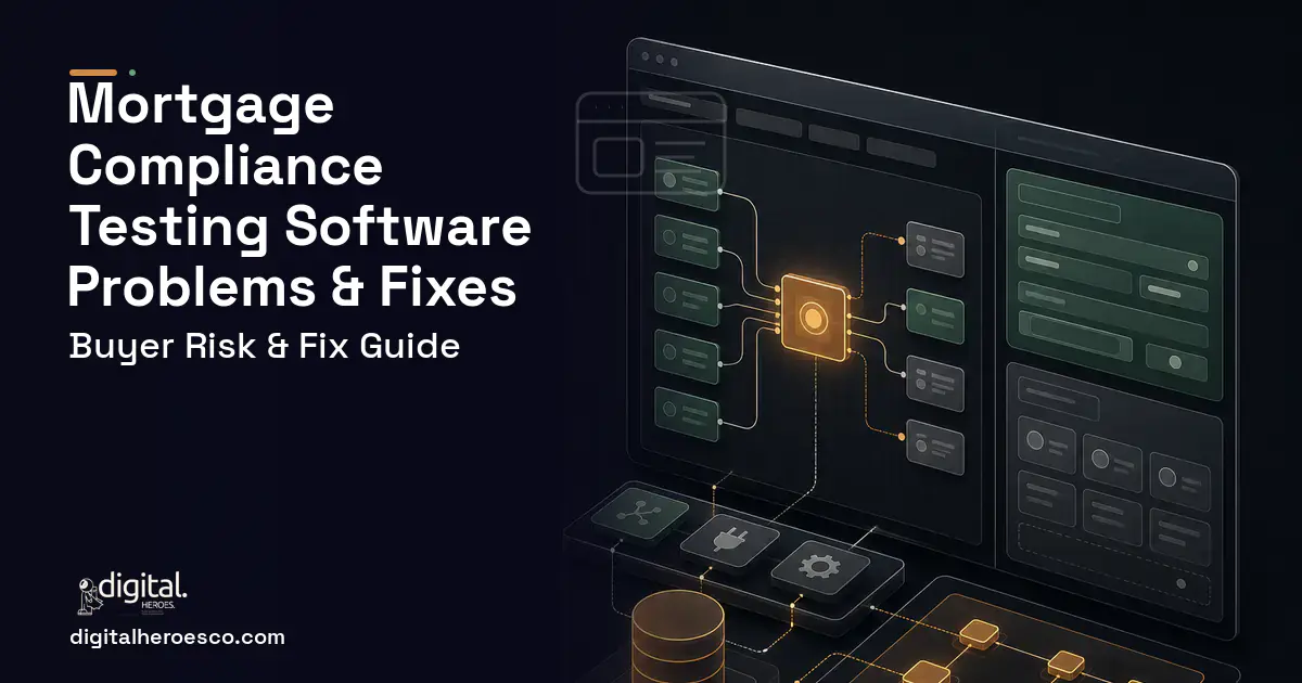 Mortgage Compliance Testing Software product interface illustration showing common problems and fixes.