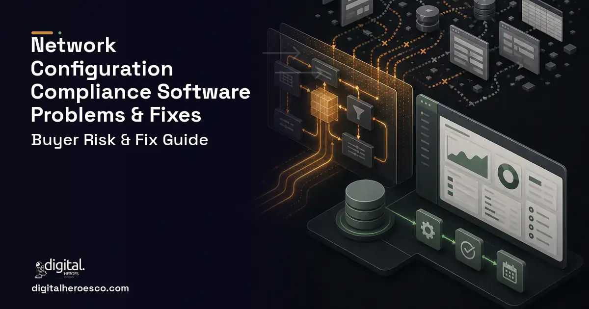Network Configuration Compliance Software workflow illustration showing common problems and fixes.