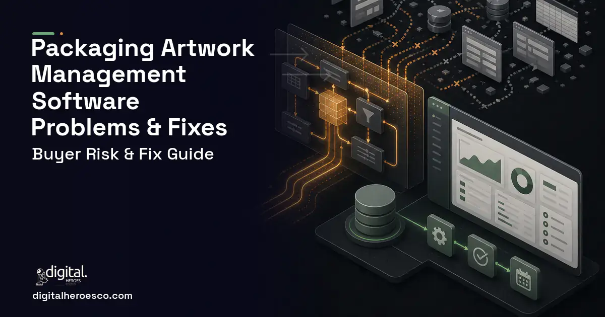Packaging Artwork Management Software workflow illustration showing common problems and fixes.