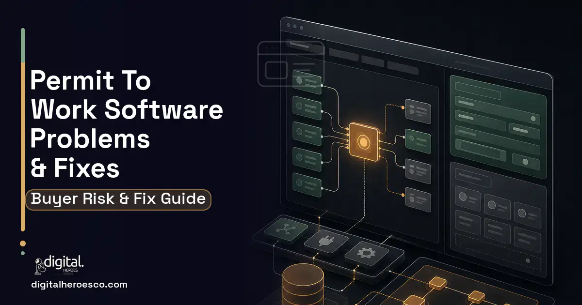 Permit TO Work Software product interface illustration showing common problems and fixes.