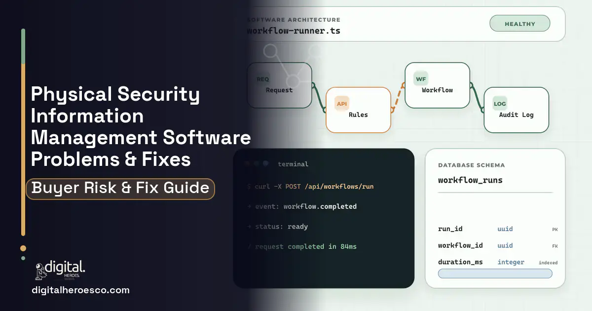 Physical Security Information Management architecture and database illustration showing common problems and fixes.