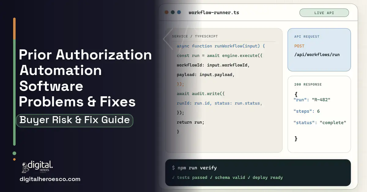 Prior Authorization Automation Software code editor and API illustration showing common problems and fixes.