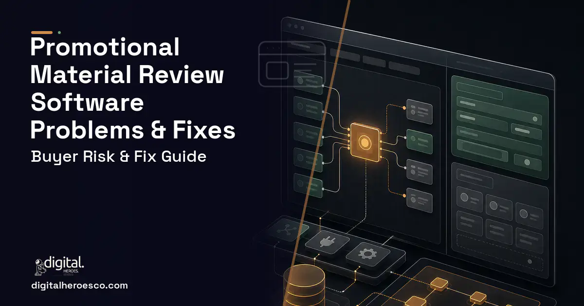 Promotional Material Review Software product interface illustration showing common problems and fixes.