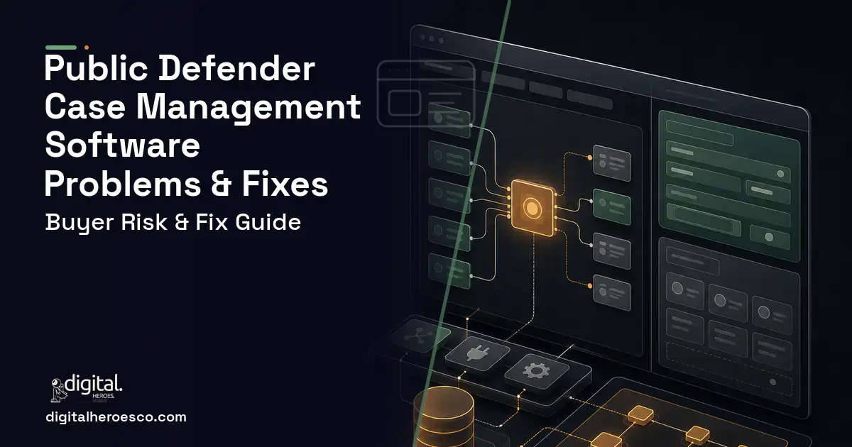 Public Defender Case Management Software product interface illustration showing common problems and fixes.