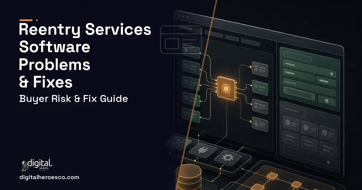 Reentry Services Software product interface illustration showing common problems and fixes.