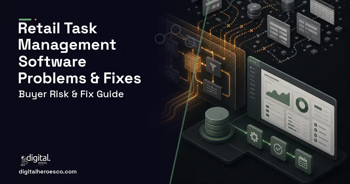 Retail Task Management Software workflow illustration showing common problems and fixes.