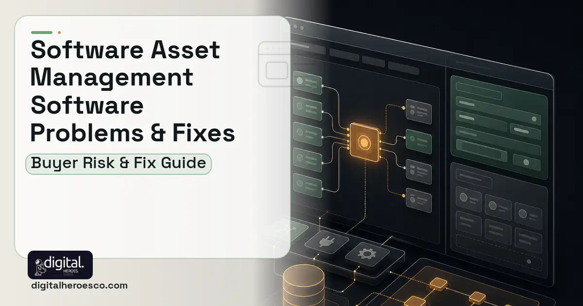 Software Asset Management Software product interface illustration showing common problems and fixes.