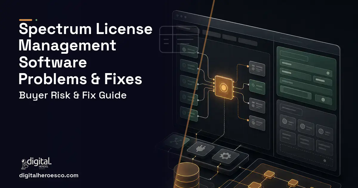 Spectrum License Management Software product interface illustration showing common problems and fixes.